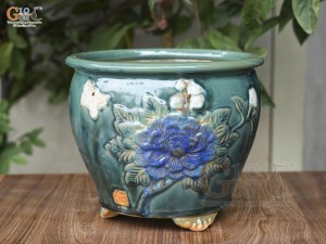 Chậu cây men hỏa biến khắc nổi hoa Phù Dung màu, đường kính 25cm