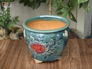 Chậu cây men hỏa biến khắc nổi hoa Phù Dung màu, đường kính 25cm