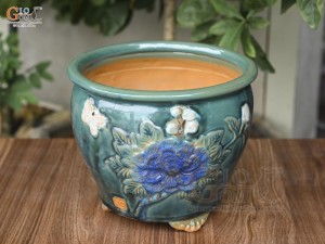 Chậu cây men hỏa biến khắc nổi hoa Phù Dung màu, đường kính 25cm