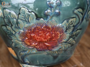 Chậu cây men hỏa biến khắc nổi hoa Phù Dung màu, đường kính 25cm