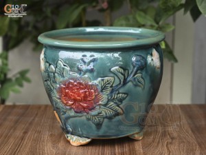 Chậu cây men hỏa biến khắc nổi hoa Phù Dung màu, đường kính 25cm
