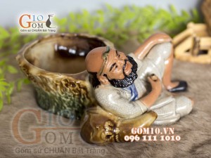 Chậu tượng trồng cây men rạn dáng Tiều Phu Say Rượu, cao 16cm