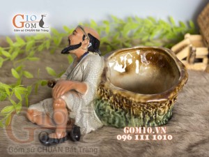 Chậu tượng trồng cây men rạn dáng Tiều Phu Say Rượu, cao 16cm