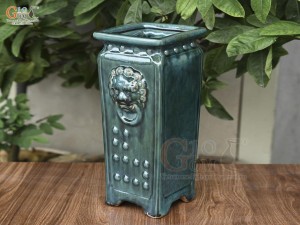 Chậu cây vuông cao men hỏa biến khắc nổi, cao 38cm