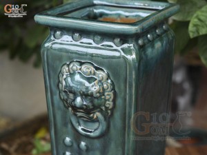 Chậu cây vuông cao men hỏa biến khắc nổi, cao 38cm