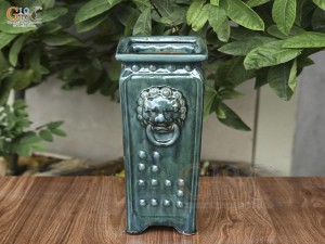 Chậu cây vuông cao men hỏa biến khắc nổi, cao 38cm