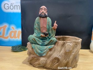 Chậu Đạt Ma chỉ thiên men xanh, cao 30cm