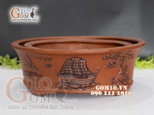 Chậu đôi đắp nổi sơn thủy, 45cm x37 cm x 16cm.
