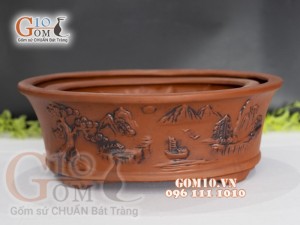 Chậu đôi đắp nổi sơn thủy, 45cm x37 cm x 16cm.