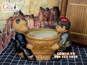 Chậu tượng trồng cây dáng 2 bé ôm chậu, 19cm