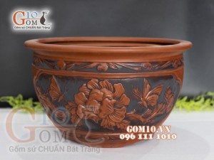 Chậu tròn khắc nổi họa tiết hoa mẫu đơn đường kính 56cm
