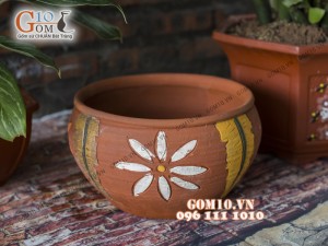 Chậu trồng hoa gốm họa tiết hoa trắng