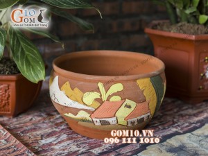 Chậu trồng hoa gốm khắc nổi cảnh làng quê