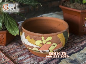 Chậu trồng hoa gốm khắc nổi cảnh làng quê