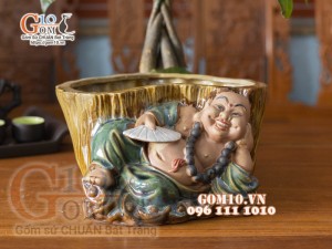 Chậu tượng trồng cây dáng Di Lạc Lộc nằm, cao 13,5cm