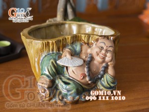 Chậu tượng trồng cây dáng Di Lạc Lộc nằm, cao 13,5cm