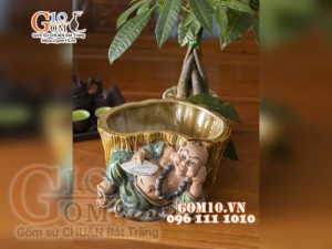 Chậu tượng trồng cây dáng Di Lạc Lộc nằm, cao 13,5cm
