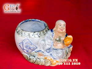 Chậu tượng trồng cây dáng Di Lạc cầm vàng, 17 x 23cm
