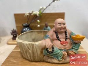 Chậu tượng Di Lạc cầm vàng men bóng, KT 30x18cm