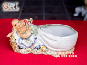 Chậu tượng trồng cây dáng Di Lạc kéo bao tiền, 18 x 36cm