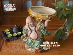 Chậu tượng Di Lạc ban lộc dáng đứng nâng chậu, cao 38cm
