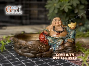 Chậu tượng trồng cây dáng Di Lạc lộc men bóng, cao 18cm