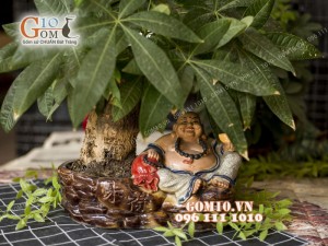 Chậu tượng trồng cây dáng Di Lạc Lộc men rạn, cao 19cm