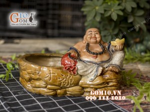 Chậu tượng trồng cây dáng Di Lạc Lộc men rạn, Chậu vàng cao 19cm