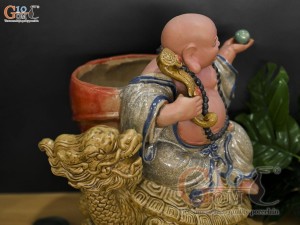 Chậu tượng Di Lạc Long Quy men rạn, cao 38cm
