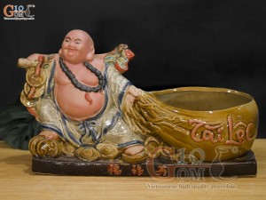 Chậu tượng Di Lạc men rạn kéo túi Tài Lộc, 39x22cm