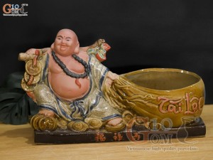 Chậu tượng Di Lạc men rạn kéo túi Tài Lộc, 39x22cm