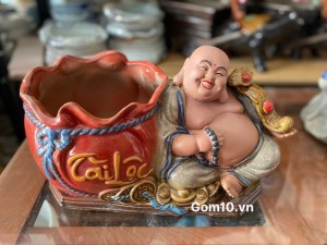 Chậu tượng Di Lạc tài lộc men rạn, dài 36cm