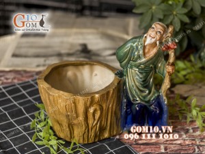 Chậu tượng trồng cây dáng lão mai chống gậy men bóng, cao 27cm