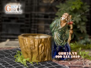 Chậu tượng trồng cây dáng lão mai chống gậy men bóng, cao 27cm