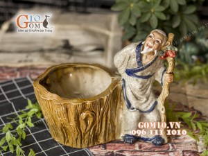 Chậu tượng trồng cây dáng lão mai chống gậy men rạn, cao 27cm