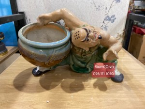 Chậu tượng Lỗ Chí Thâm bê vò men xanh, KT 19 x 26cm