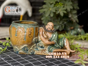Chậu tượng trồng cây dáng Lý Quỳ say rượu men bóng, cao 16cm