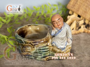 Chậu tượng trồng cây men rạn dáng Chú Tiểu, cao 15cm