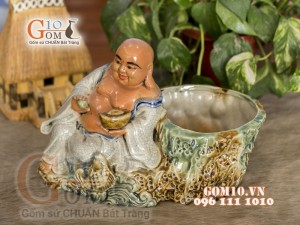 Chậu tượng trồng cây men rạn dáng Di Lạc cầm Long Châu