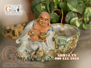 Chậu tượng trồng cây men rạn dáng Di Lạc cầm Long Châu