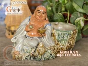 Chậu tượng trồng cây men rạn dáng Di Lạc cầm Long Châu