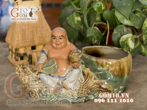 Chậu tượng trồng cây men rạn dáng Di Lạc cưỡi Cá Chép Hóa Rồng