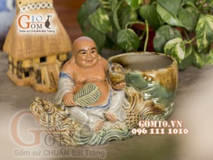Chậu tượng trồng cây men rạn dáng Di Lạc cưỡi Cá Chép Hóa Rồng