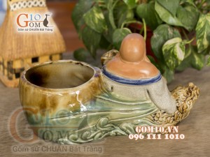 Chậu tượng trồng cây men rạn dáng Di Lạc cưỡi Cá Chép Hóa Rồng