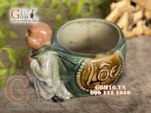 Chậu tượng trồng cây men rạn dáng Di lạc Lộc, cao 14cm