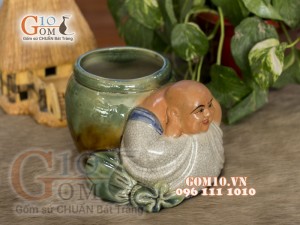 Chậu tượng trồng cây men rạn dáng Di Lạc no đủ, 19x13cm