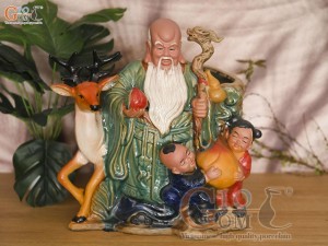 Chậu tượng Thọ Hươu Phúc Lộc men màu, cao 35cm
