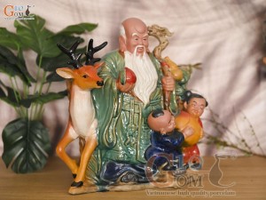 Chậu tượng Thọ Hươu Phúc Lộc men màu, cao 35cm