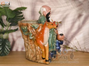 Chậu tượng Thọ Hươu Phúc Lộc men màu, cao 35cm