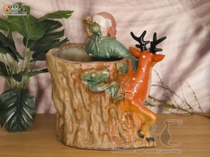Chậu tượng Thọ Hươu Phúc Lộc men màu, cao 35cm